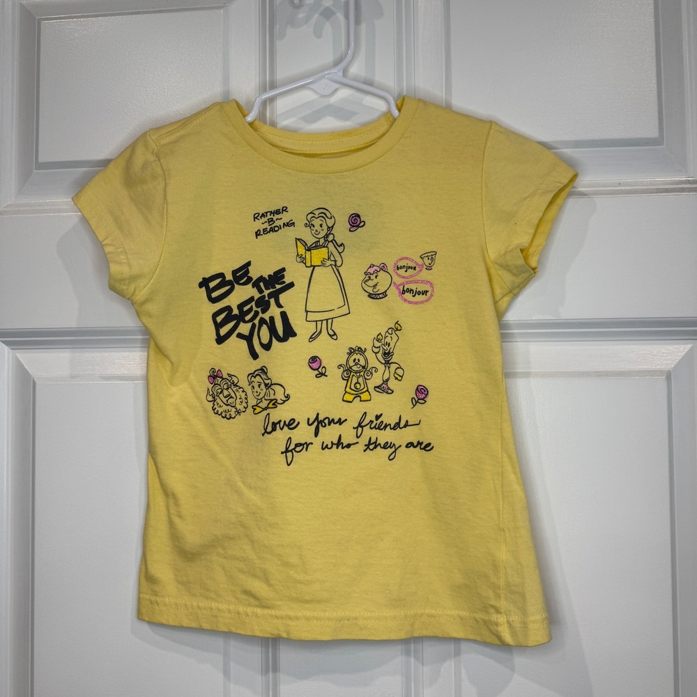 Disney Beauty and the Beast Belle Yellow Graphic T-Shirt Girls Size Small 5/6